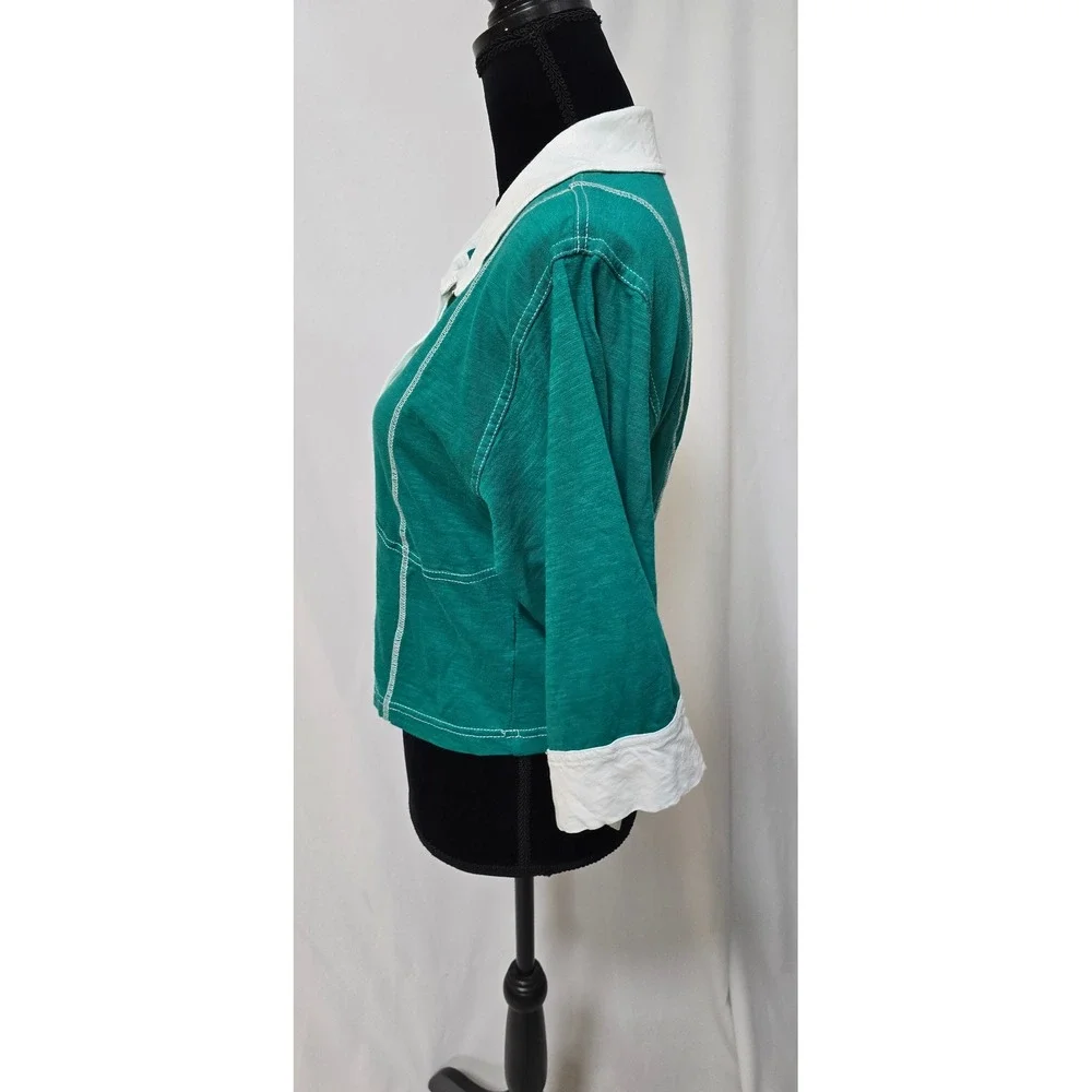 Pilcro Corset Inspired 3/4 Sleeve Polo Shirt Women M Green Anthropologie